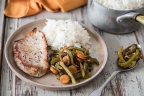 Bavettes de porc et légumes sautés à la chinoise (ail, piment et gingembre)