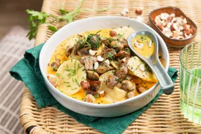 Girasolis cacio e pepe, sauce crèmeuse potimarron noisettes et champignons poêlés