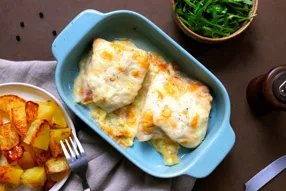 Escalopes de dinde à la montagnarde (raclette & poitrine fumée)