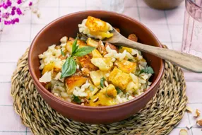 Risotto au poivron, basilic et manouri grillé