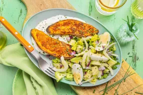 Patate douce rôtie, fenouil croquant et fromage blanc citronné