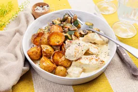 Sauté de dinde à la moutarde poêlée de légumes et grenailles à l'origan