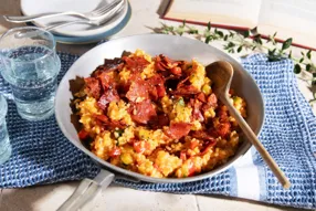 Risotto au chorizo piquant, poivron et courgette