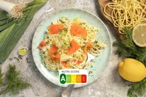 Spaghetti frais au saumon et poireau, crème à l'aneth