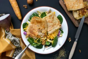 Salade de cabécous-chauds, radis bleu et carotte jaune