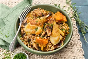 Tout-en-un : Cocotte de poulet au potimarron, petit épeautre et miel