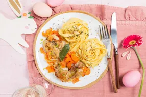 Emincé de lapin au citron et vin blanc, carotte et tagliatelles fraîches