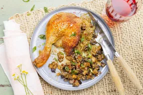 Cuisse de canard rôtie et aubergines miel, soja