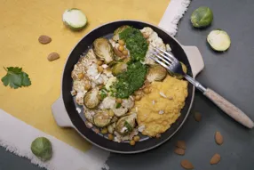 Chou-fleur et pois chiches rôtis au pesto de persil et purée de lentilles corail aux amandes