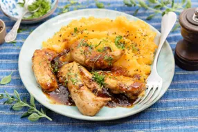 Poulet caramélisé à la figue, purée de panais, carotte et ciboulette