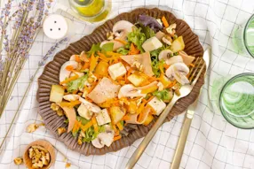 Salade de pomme de terre aux champignons, jambon végétal et cheddar