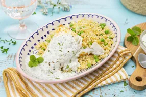 Poisson blanc (selon arrivage), sauce fraîche à la menthe et boulgour aux petits pois