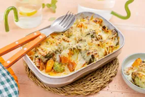 Gratin de brocoli, butternut et chorizo à l'emmental