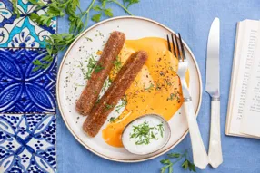 Saucisse végétale maison au cheddar, purée de potimarron