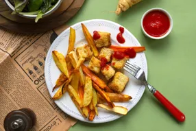 Nuggets de tofu à la moutarde, frites et sauce maison